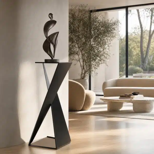 Contemporanio pedestal in black steel displaying a bronze sculpture in a contemporary living room